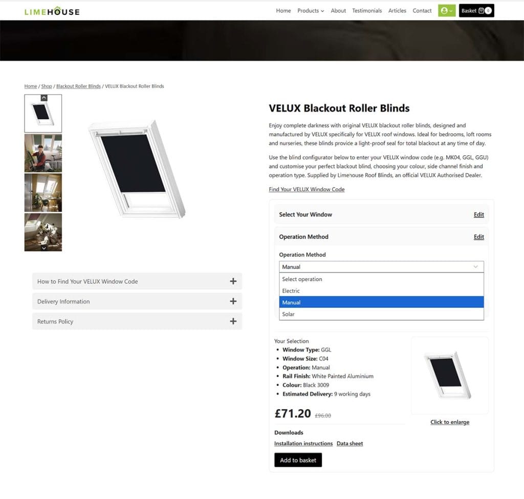 Selecting the VELUX blind operation